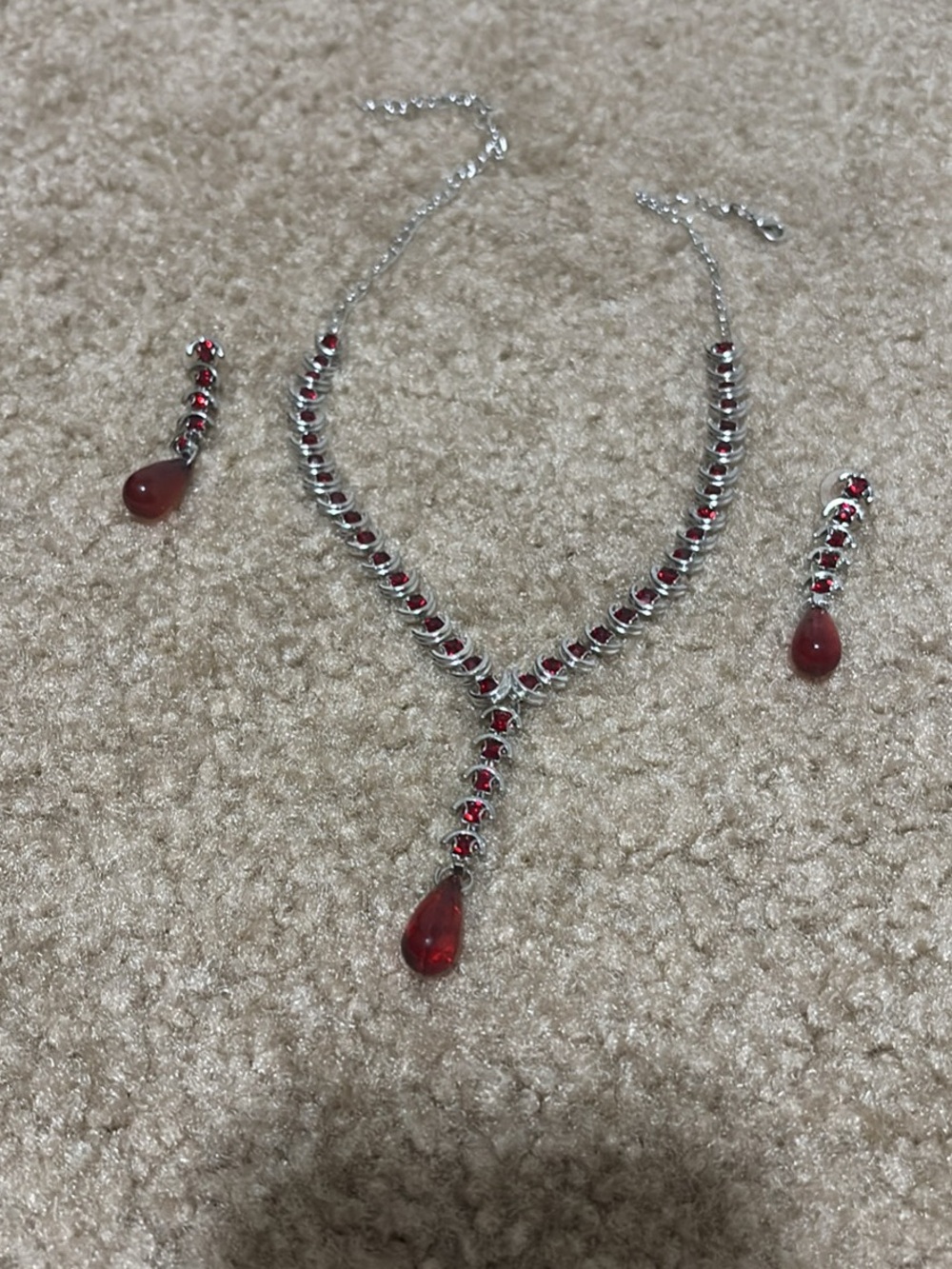 Indian Silver-Tone Red Crystal Y-Drop Necklace and Earring Set